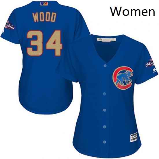 Womens Majestic Chicago Cubs 34 Kerry Wood Authentic Royal Blue 2017 Gold Champion MLB Jersey